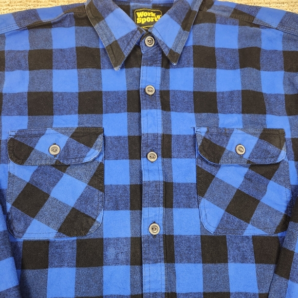 Work 'n Sport Heavy Flannel Rugged Button Down Blue and Black Buffalo Check XL - Picture 2 of 7
